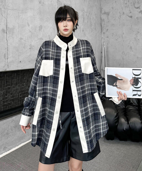 Contrast Panel Check Shirt Jacket